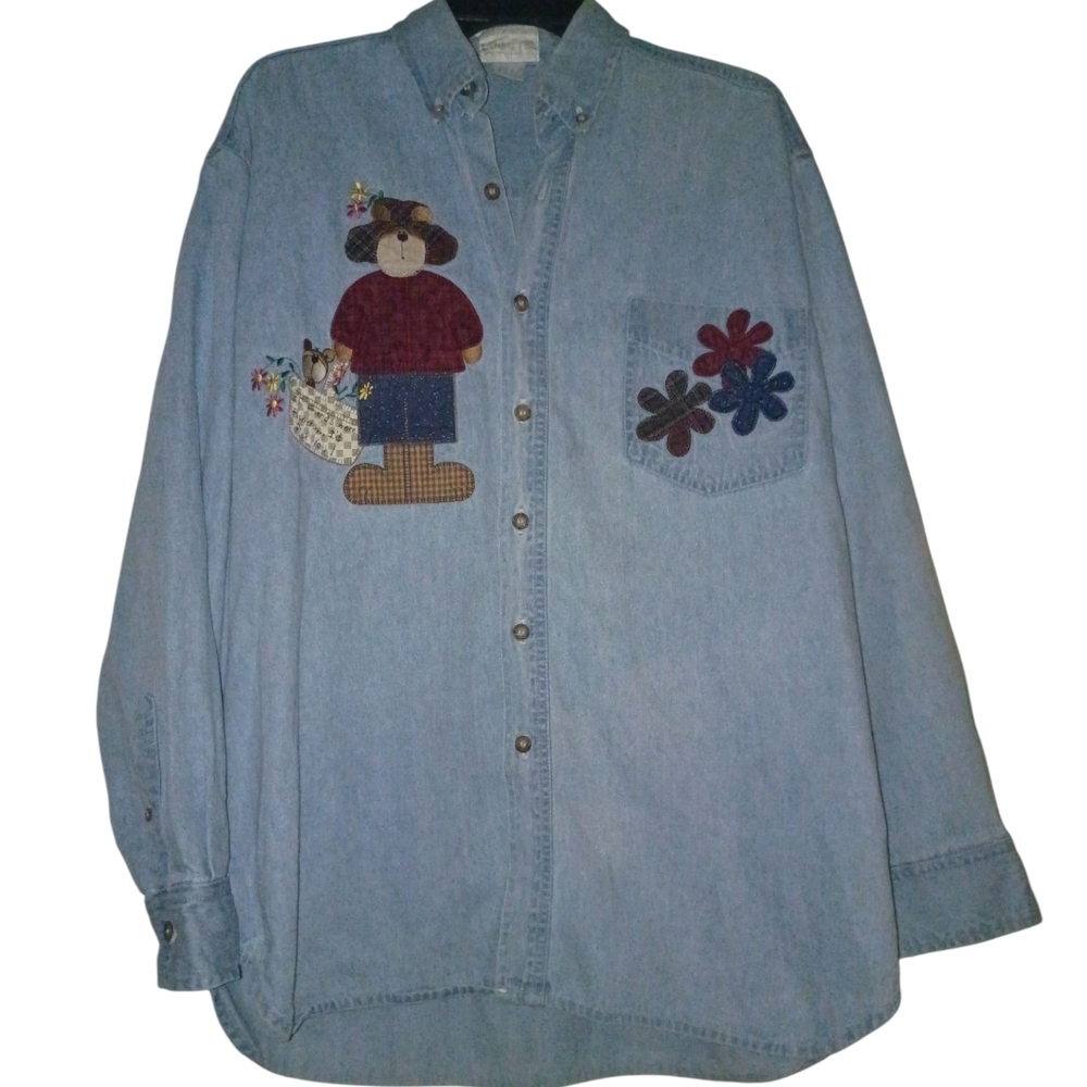 🦄Denim Shirt with Bear and Floral Embroidery